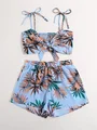 top de tirantes con fruncido con estampado tropical de hombros con cordón con shorts