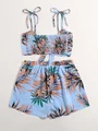 top de tirantes con fruncido con estampado tropical de hombros con cordón con shorts