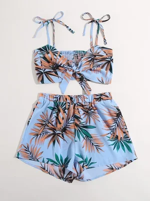 top de tirantes con fruncido con estampado tropical de hombros con cordon con shorts